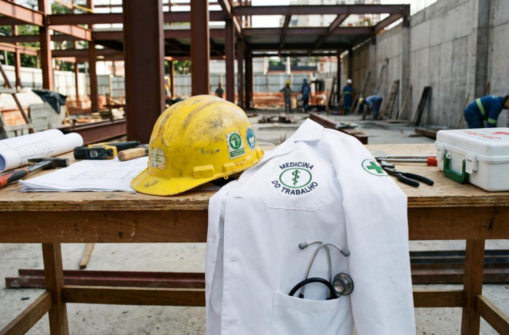 Imagem de um jaleco e um capacete de segurança no ambiente de trabalho